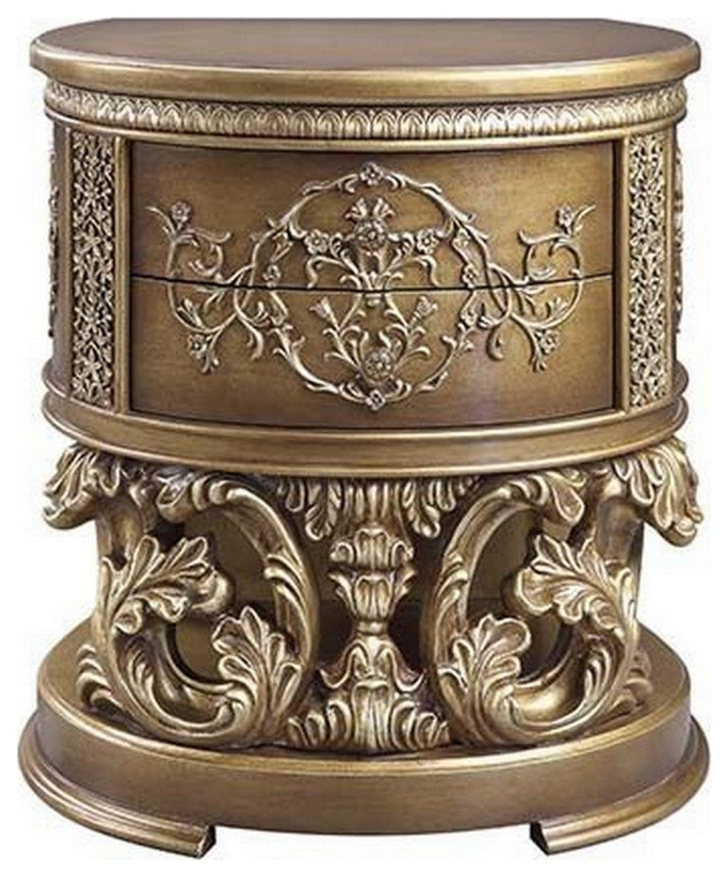 Benzara BM251166 Nightstand, Scrolled Carvings and Half Moon Shape, Antique Gold