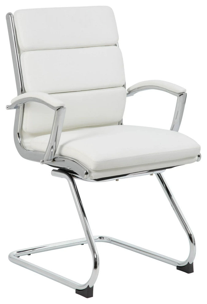 Contemporary Office Chair, Chrome Frame With Padded Seat & Channel Back, White