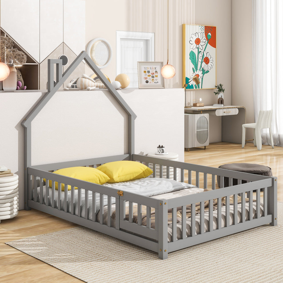 Gewnee Full House-Shaped Headboard Floor Bed with Fence