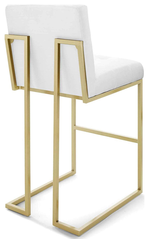 Modern Elegant Bar Stool, Gold Base & Polyester Seat With Biscuit Tufting, White
