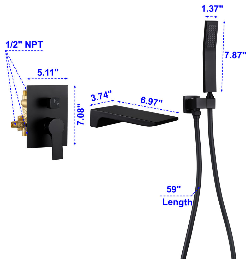 Shower Faucet Handheld Combo Set, Waterfall Tub Spout and Valve, Black