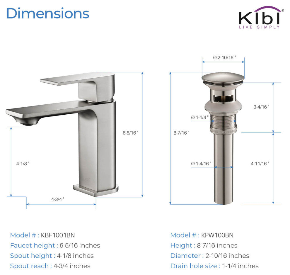 KIBI Mirage Single Handle Bathroom Faucet, Brush Nickel, With Drain