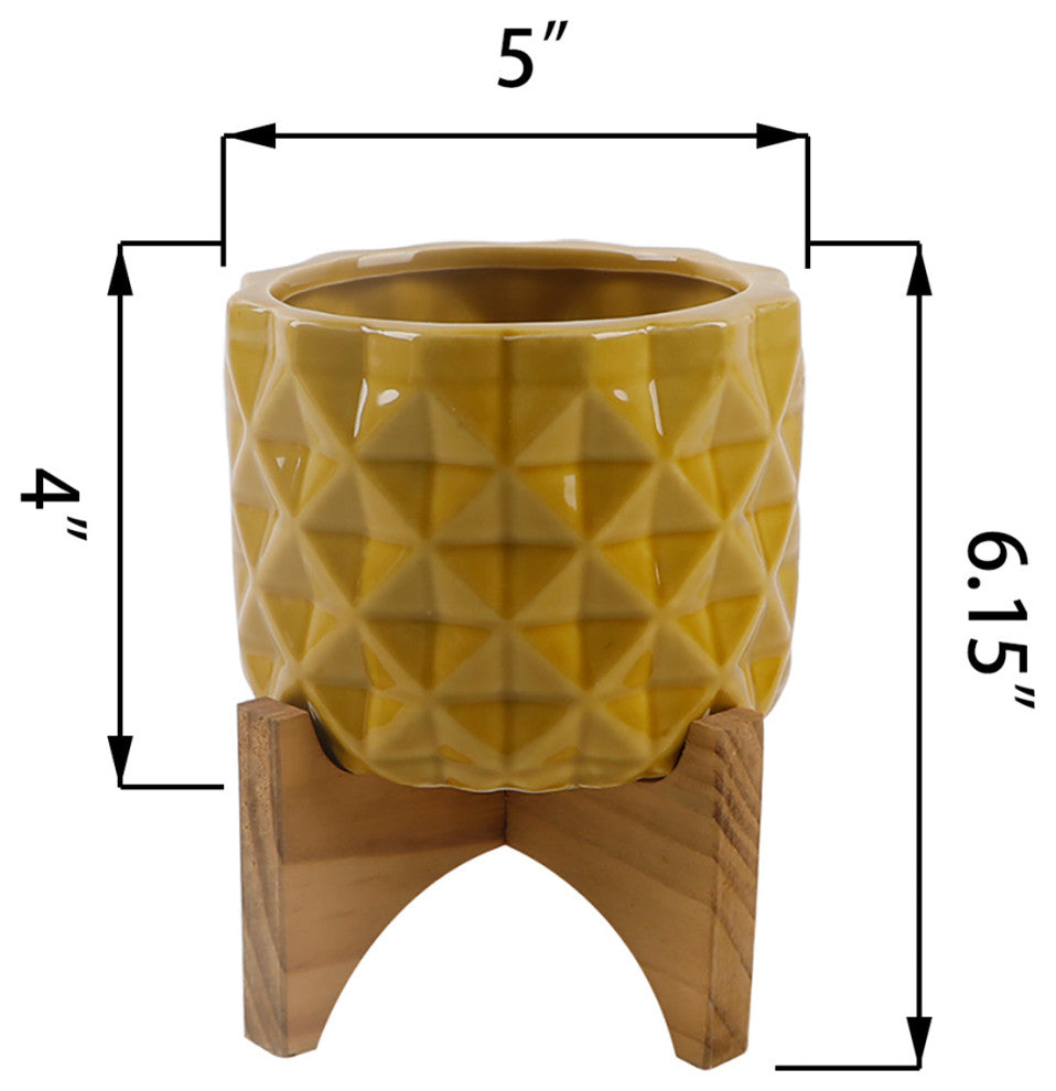 5" Gl Mustard Ceramic Dimple On Wood Stand