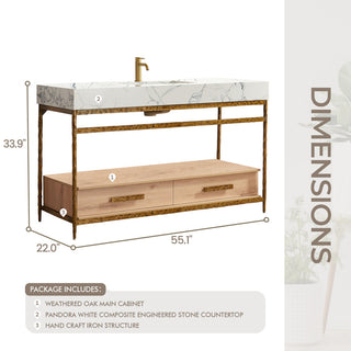 Dhaka Bath Vanity, Stone Top, No Mirror, Yellow Bronze Base, 55", Single Vanity