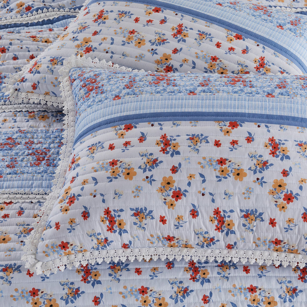 Benzara BM282009 Microfiber King Quilt Set, Floral Print, Lace Trim, Multicolor