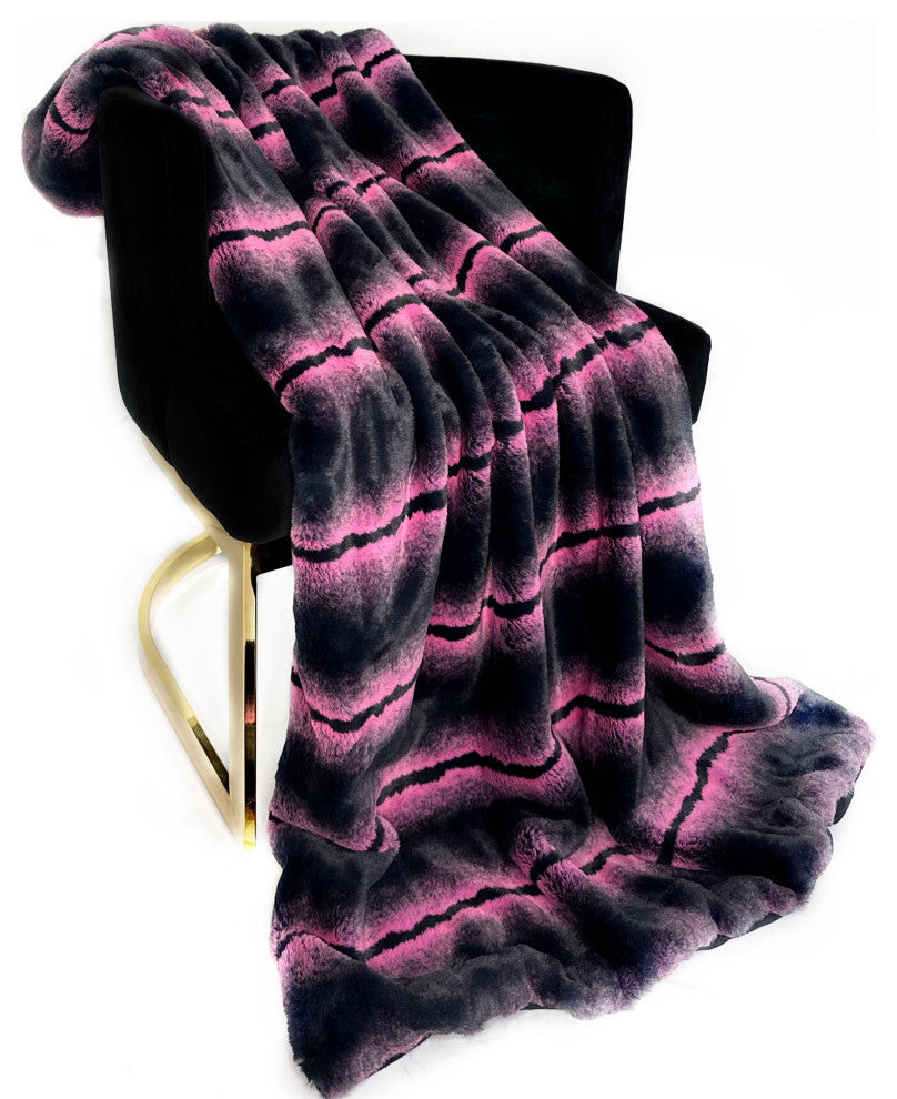 Plutus Fuchsia Black Fluffy Fields Faux Fur Throw Blanket, 90"L x 90"W Full