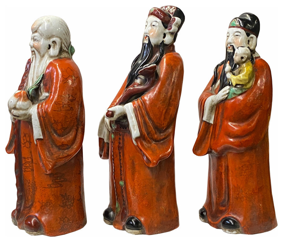 Chinese Distressed Orange Color Fengshui Fok Lok Shao Figure Set Hws1788