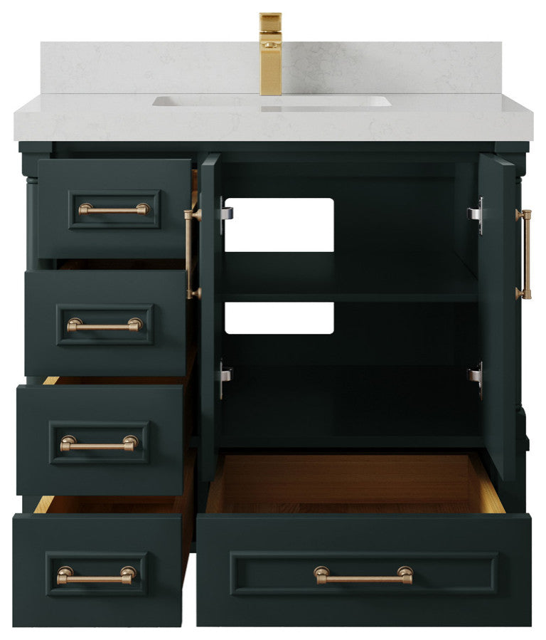 Aberdeen 36 Center Sink Bath Vanity in Dark Forest Green 2" Carrara Quartz