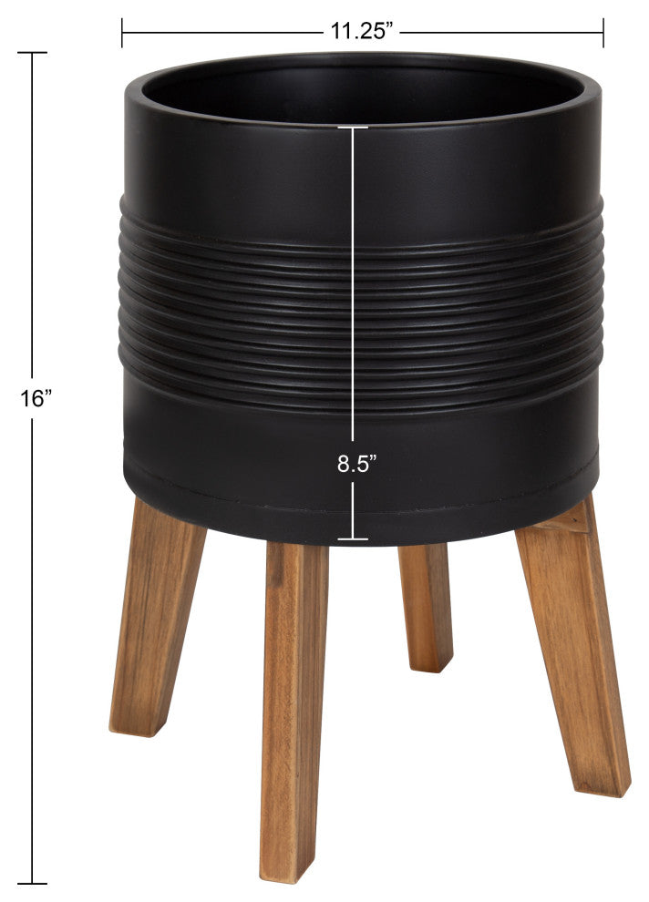 Gavri Metal Planter with Wood Stand, Black 11.25" Diameter