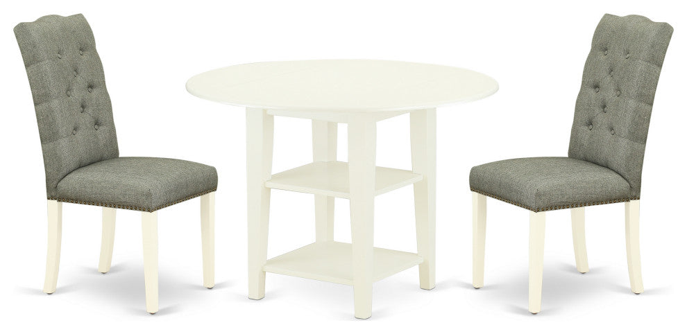 3Pc Dining Set, Round Table, 2 Parson Chairs, Smoke Chairs Seat, Linen Whites