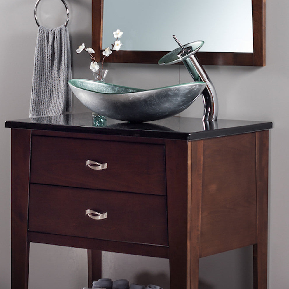 Argento Slipper Silver Foiled Glass Vessel Bath Sink Combo with Faucet and Drain, Brushed Nickel