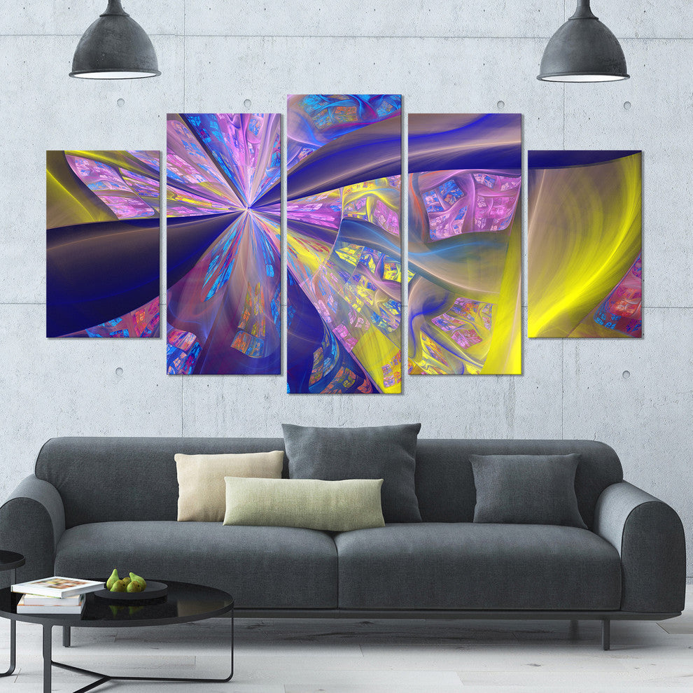 Purple Yellow Fractal Curves, Contemporary Canvas Art Print, 60"x32", 5 Panels
