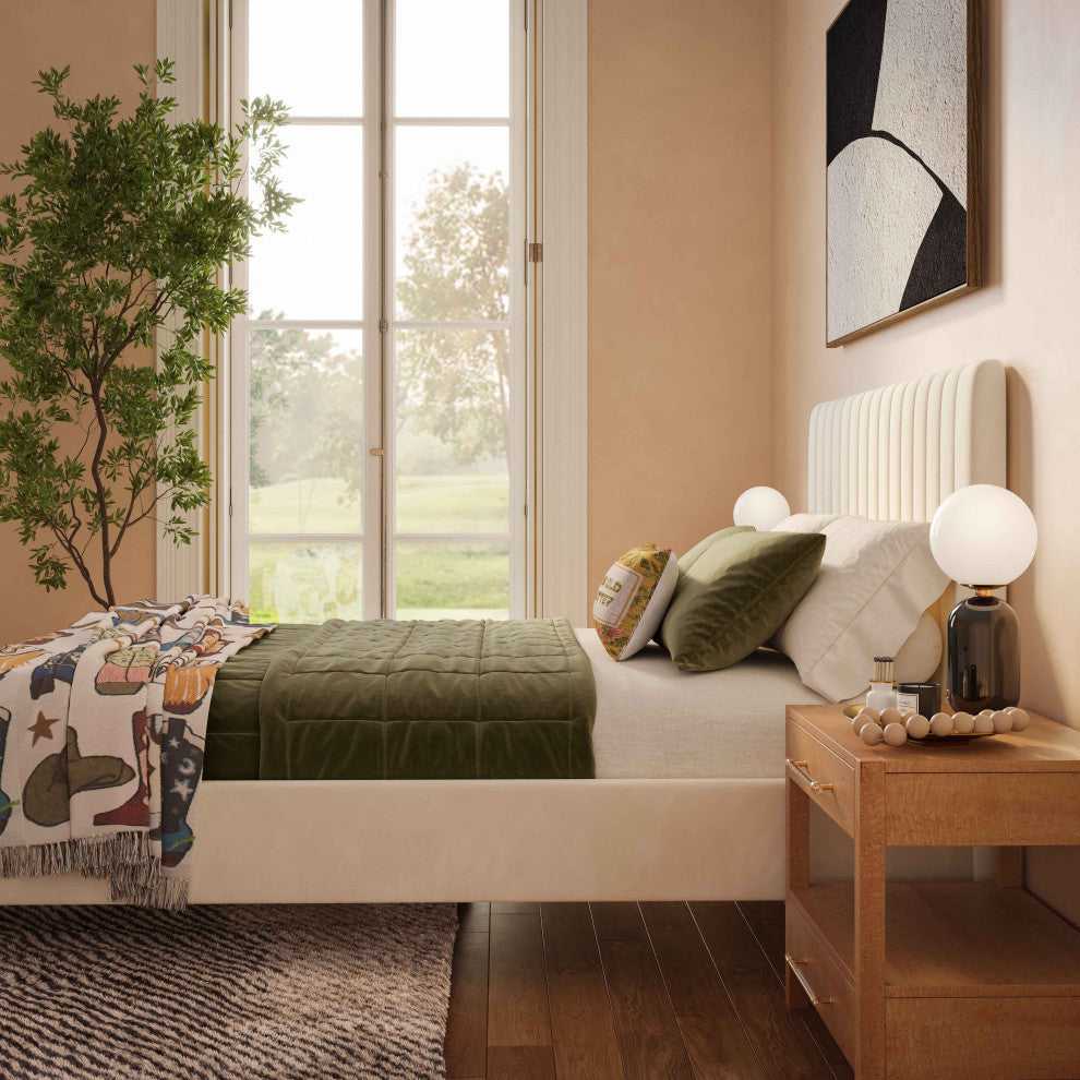 Angela Velvet Upholstered Bed, Cream, Full