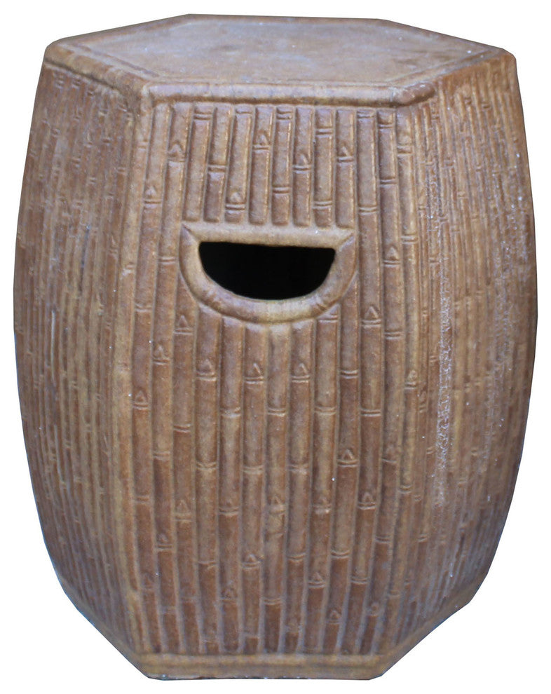 Chinese Hexagon Bamboo Theme Brown Ceramic Clay Garden Stool