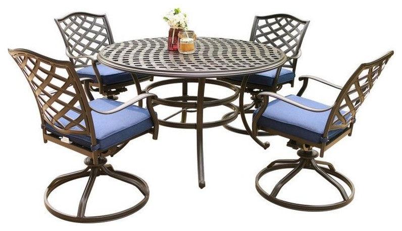 Fletcher 5-Piece Outdoor Aluminum Dining Set With Cushions, Blue Olefin