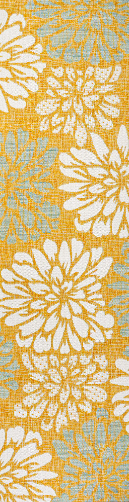 Zinnia Modern Floral Textured Weave Indoor/Outdoor, Yellow/Cream, 2x8