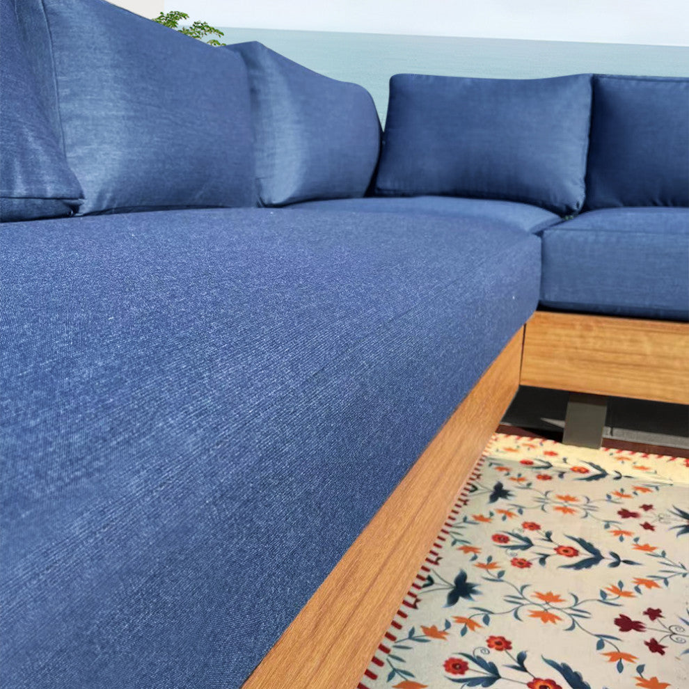 Alden 4-Piece Teak Aluminum Outdoor Patio Sectional Sofa Set with Cushions, Spectrum Indigo Acrylic