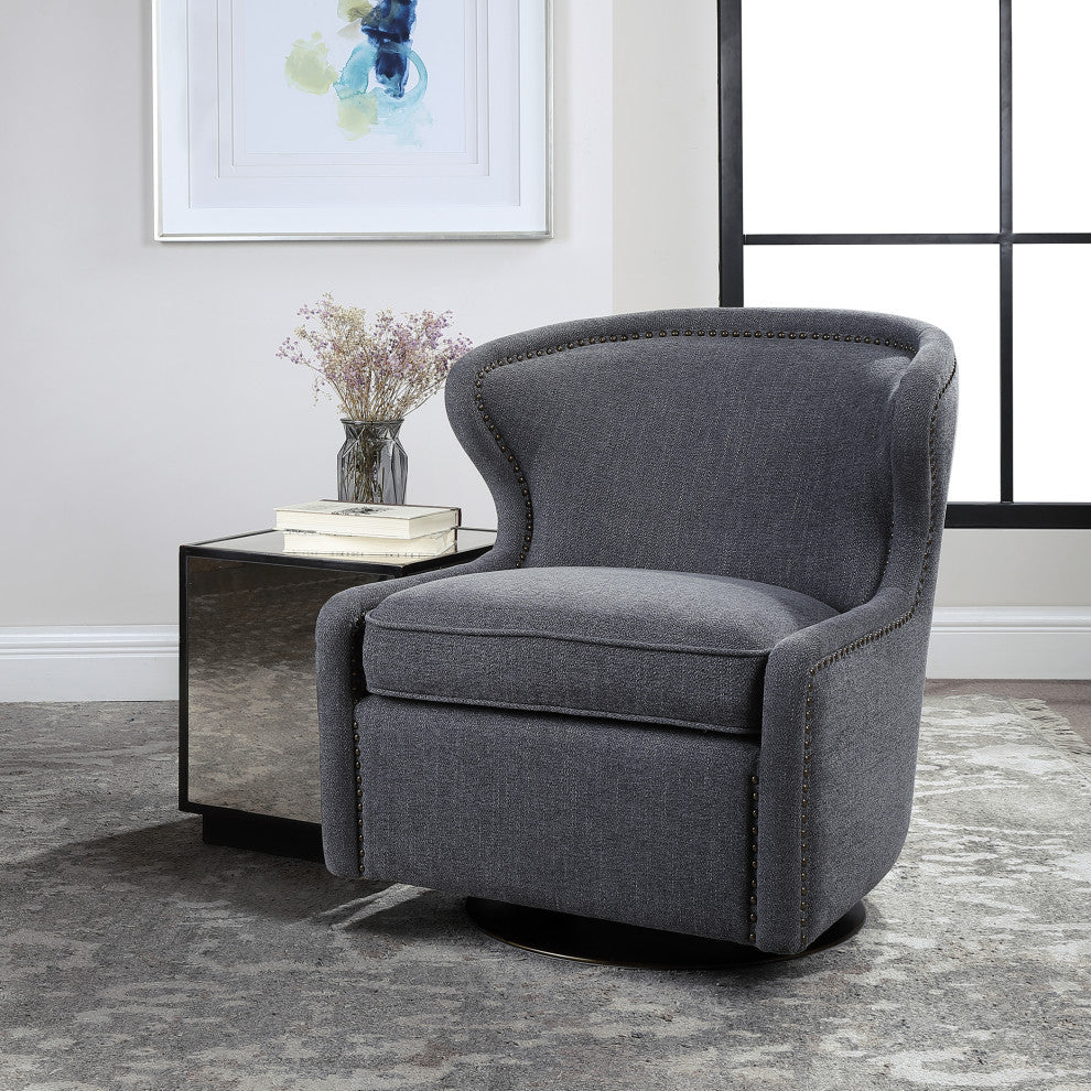 Modern Charcoal Gray Wing Back Accent Chair Swivel Mid Century Plush Herringbone