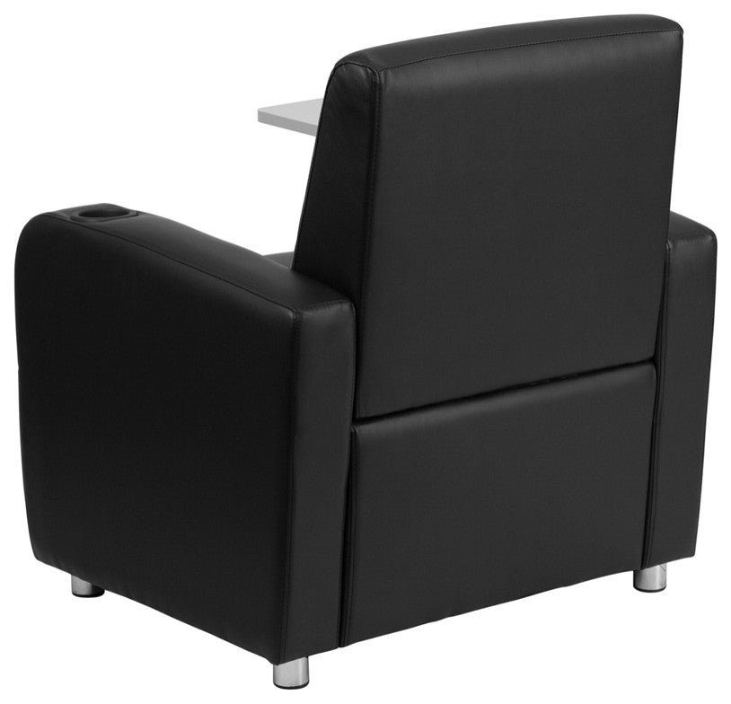 Black Leather Guest Chair with Tablet Arm, Chrome Legs and Cup Holder