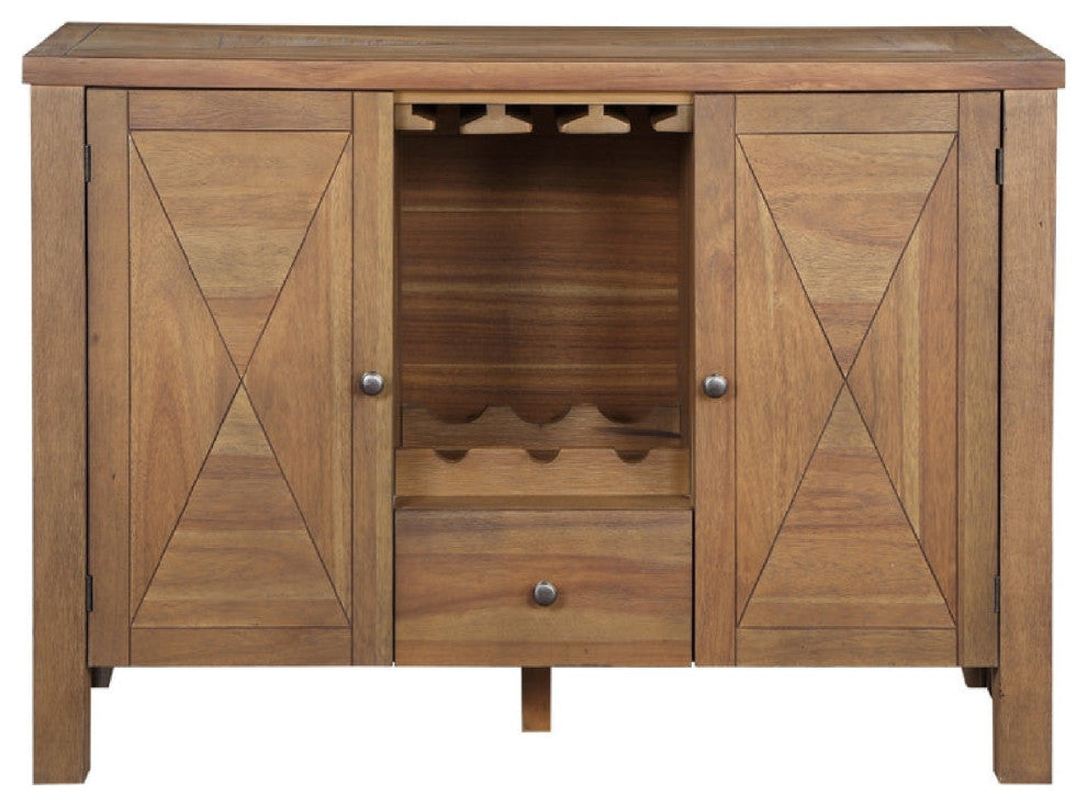Benzara BM275729 Wood Sideboard Buffet Bar Cabinet, Stemware Rack, Rustic Brown