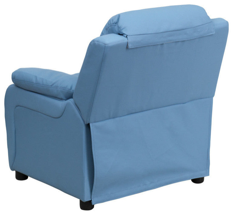Deluxe Padded Contemporary Light Blue Vinyl Kids Recliner With Storage Arms