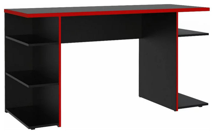 Modern Desk, Wooden Construction With Multiple Open Shelves & Large Top, Red