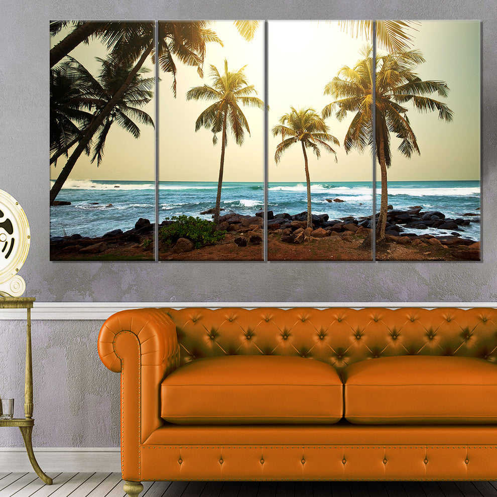 Rocky Tropical Beach with Palms, Seashore Canvas Art Print, 48"x28", 4 Panels