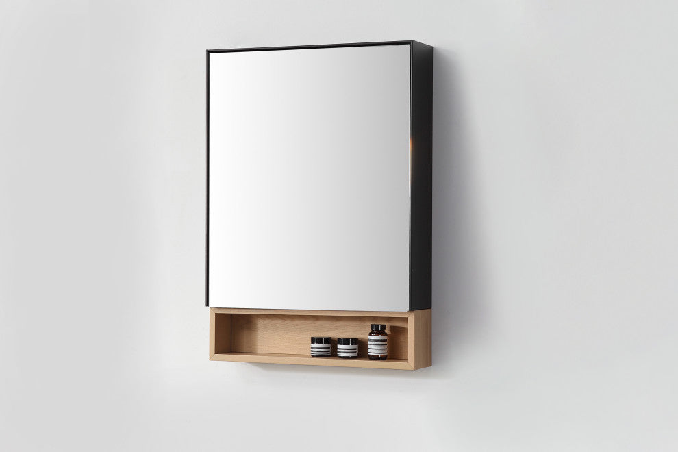 Bergen Modern Medicine Cabinet, Matte Black Frame, Whitewash Shelf, 24"