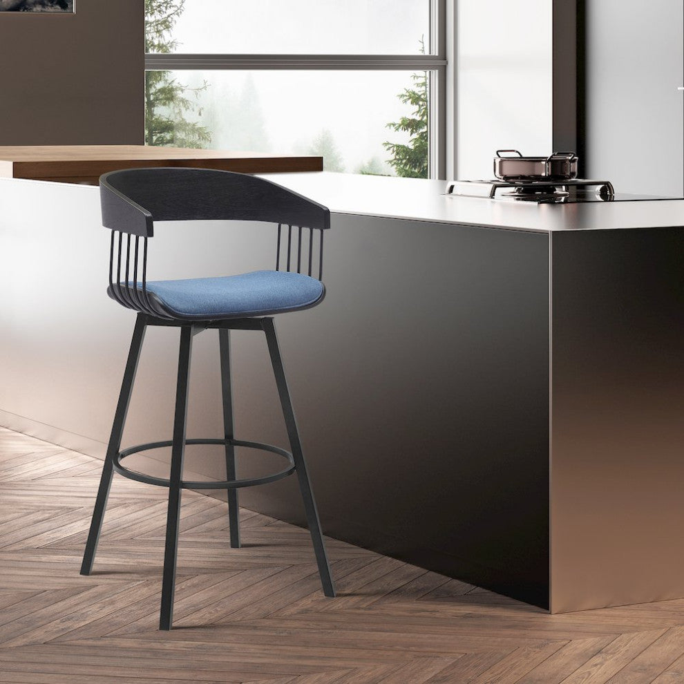 Athena Upholstered Wood Swivel Bar or Counter Stool with Black Metal