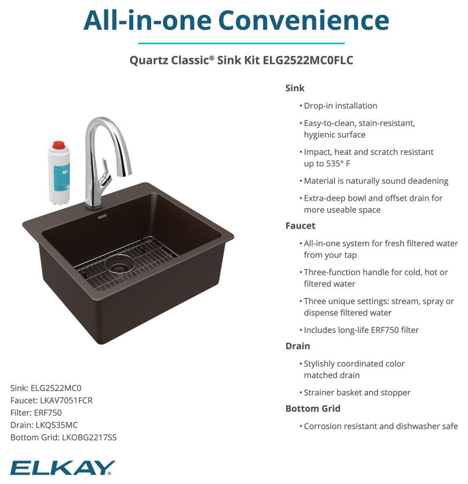 Quartz Classic 25" Single Bowl Drop-in Sink Kit With Filtered Faucet, Mocha