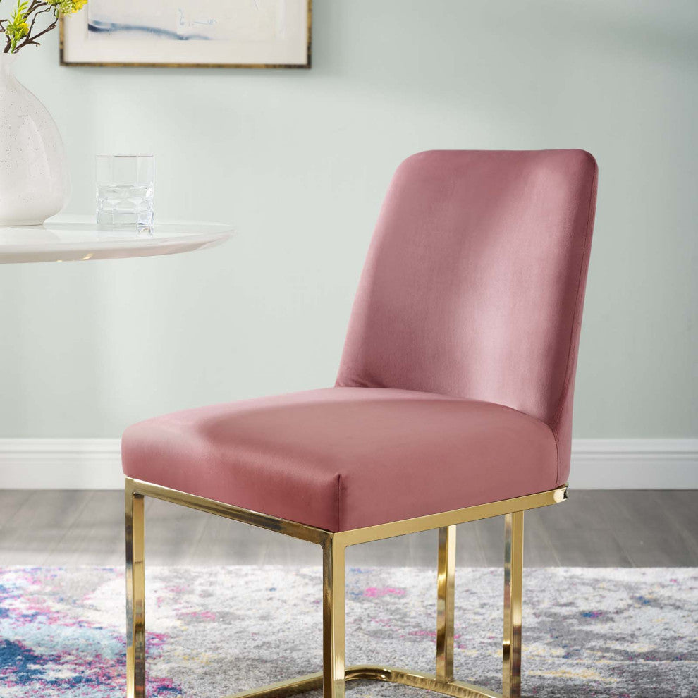 Side Dining Chair, Velvet, Metal, Gold Pink, Modern, Cafe Bistro Restaurant