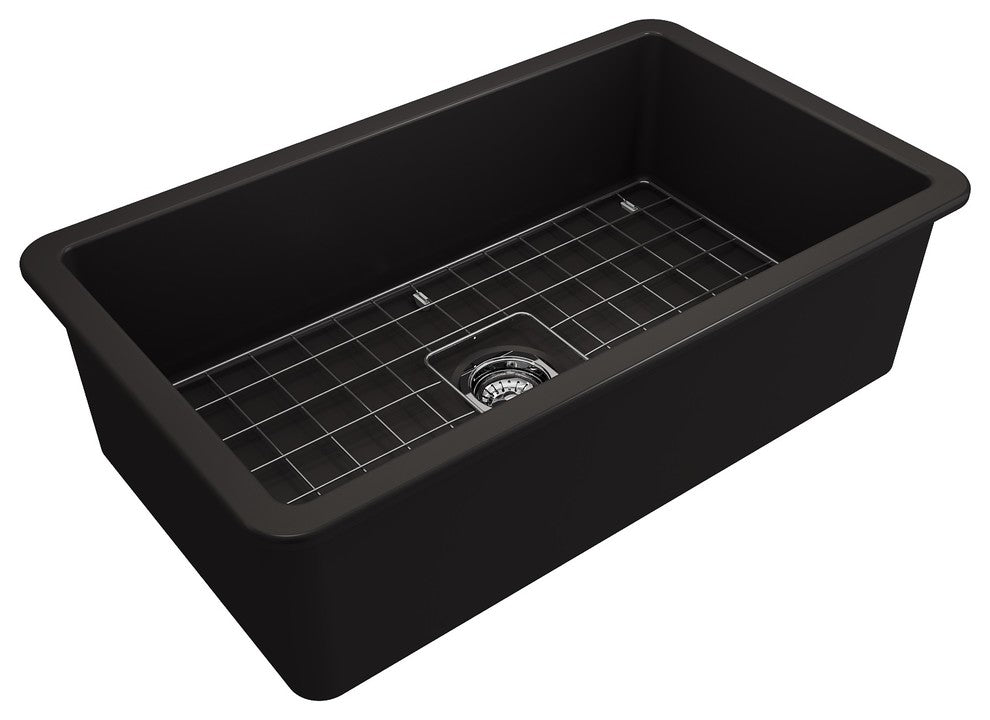 Bocchi Sotto 32 Matte Black Fireclay Single Bowl Undermount Kitchen Sink W/ Grid