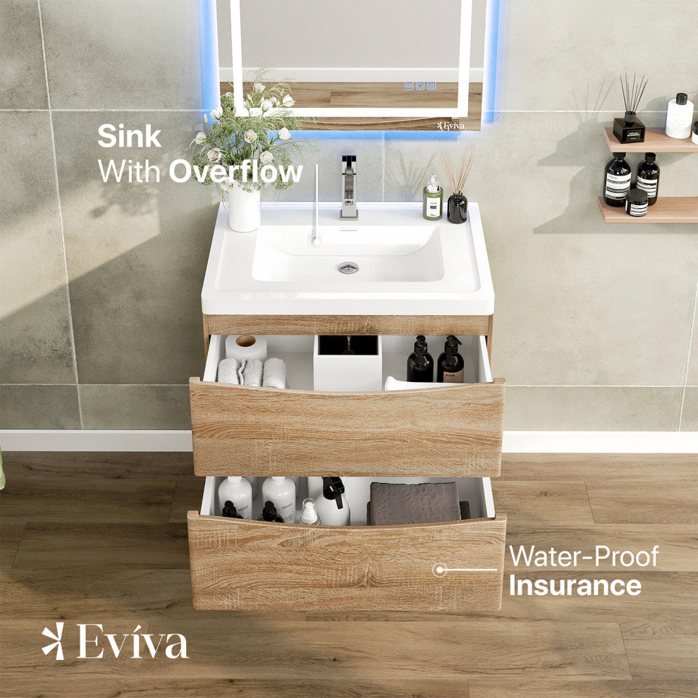 Eviva Smile 30" White Oak Wall Mount Modern Bathroom Vanity White Acrylic Sink