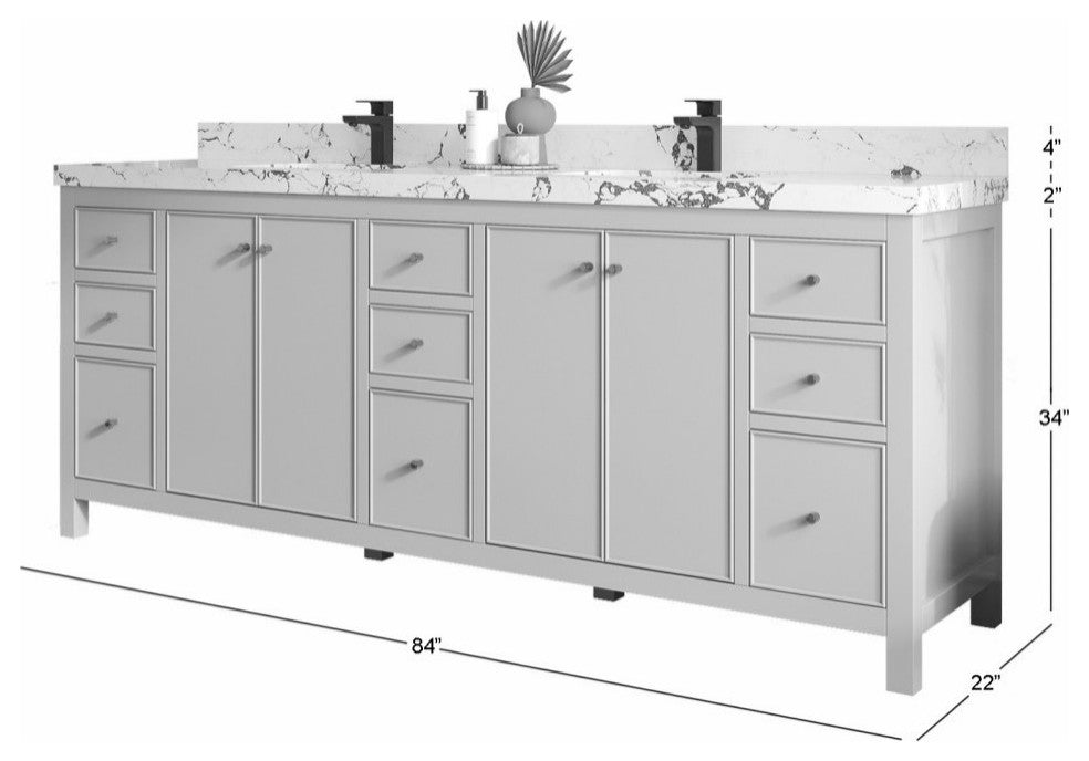 Chicago 84" Double Sink Bathroom Vanity, Fine Grain 2" Empira Quartz