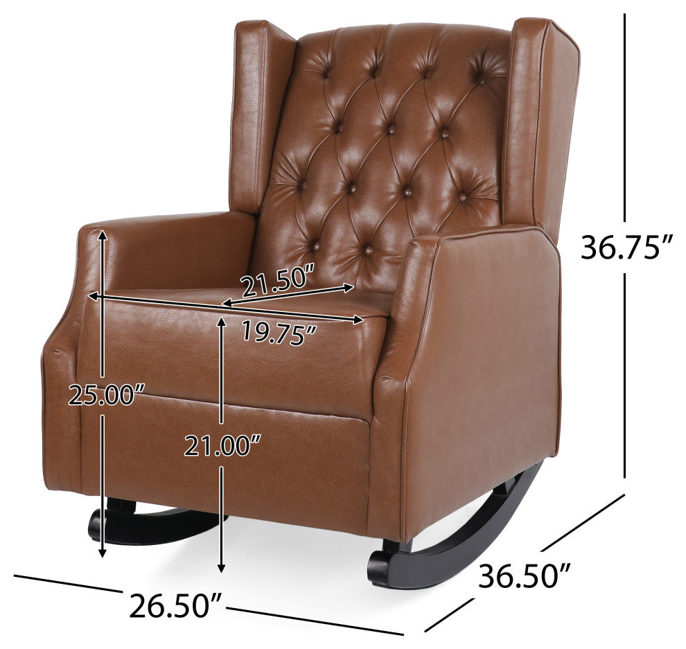 Amedou Faux Leather Tufted Wingback Rocking Chair, Cognac/Dark Brown