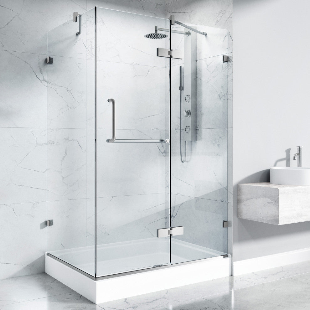 VIGO Monteray 32"D x 48"W x79"H Frameless Shower Enclosure, Nickel, Right Base