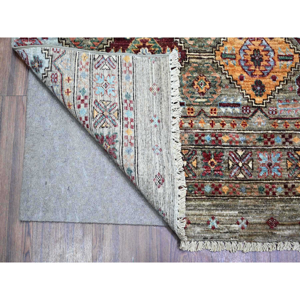Sage Gray Afghan Super Kazak Hand Knotted Shiny Wool Oriental Rug, 8'6"x11'8"