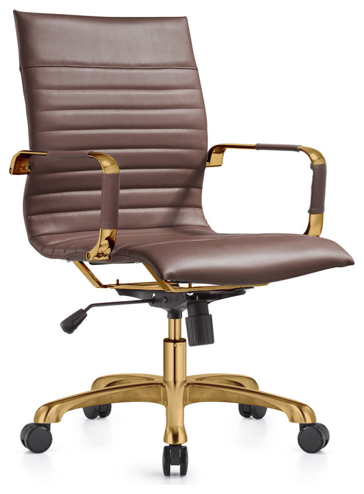 LeisureMod Harris Leather Office Task Chair With Gold Frame, Dark Brown