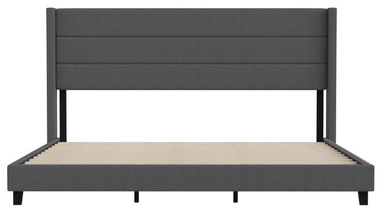 Hollis Upholstered Platform Bed with Wingback Headboard w/Mattress Foundation, Charcoal, King