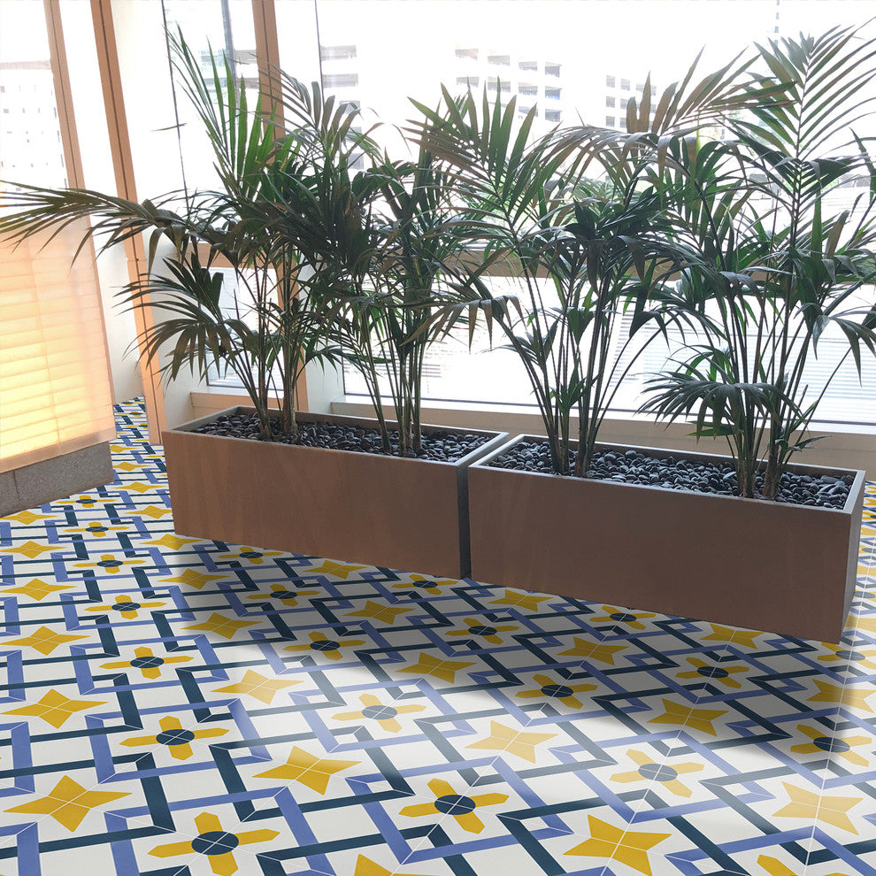 Berkane Handmade Cement Tile, Blue/Purple/Yellow, Sample