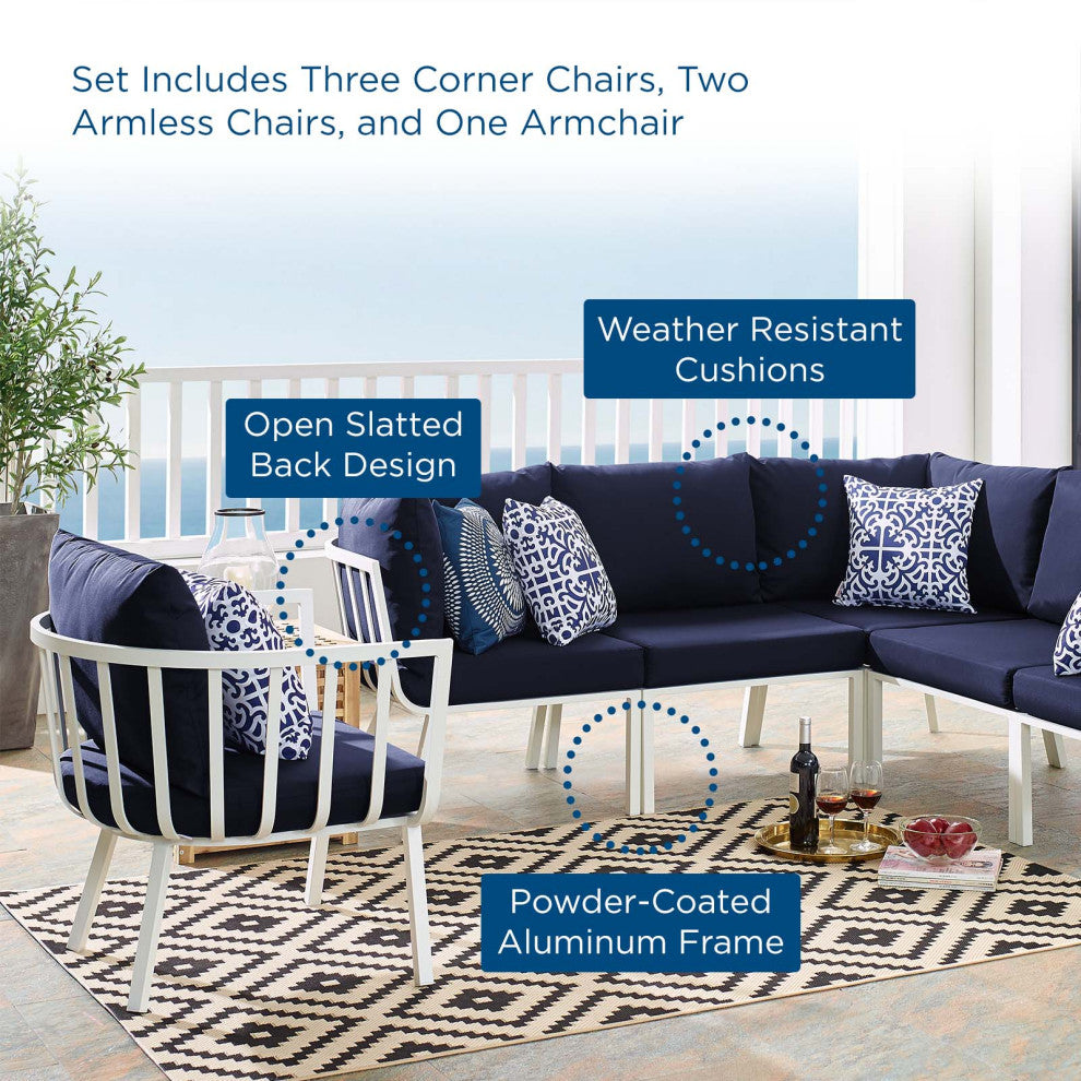 Lounge Sectional Sofa Chair Set, Aluminum, Metal, White Blue Navy, Outdoor