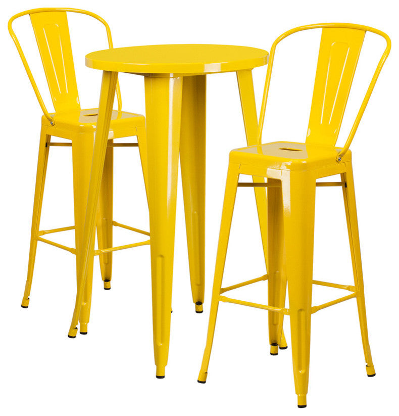 24" Round Yellow Metal Indoor-Outdoor Bar Table Set with 2 Cafe Stools