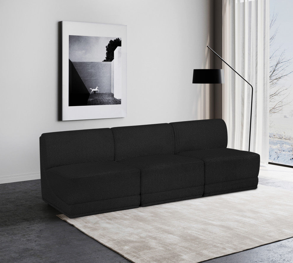 Ollie Black Boucle Fabric Straight Modular Sofa, Black, 3-Piece: 3 Armless Chair