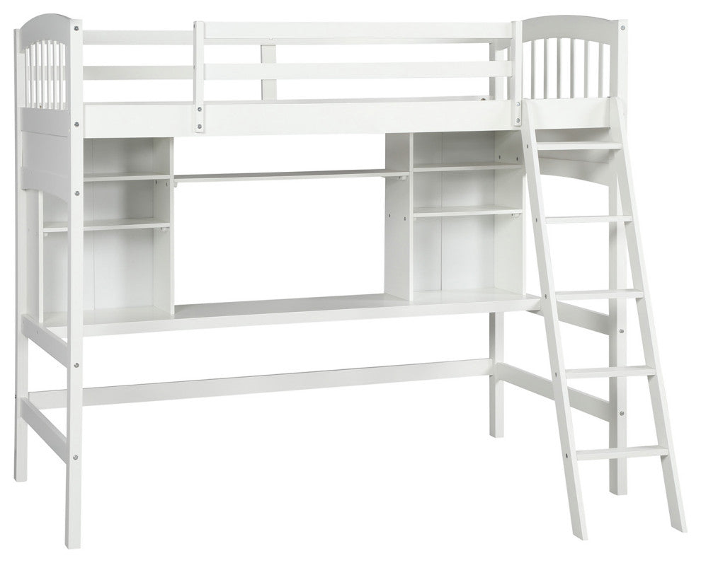 Gewnee Wood Twin Loft Bed with Storage Shelves, Desk and Ladder in White