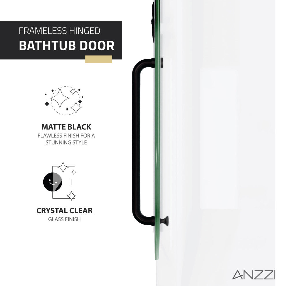 Pacific Series 48"x58" Frameless Hinged Tub Door, Matte Black