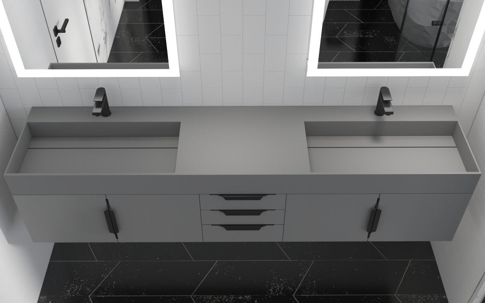 CastelloUSA Amazon 84" Wall Mounted Bathroom Vanity Set, Gray, Gray Top, Black Handles