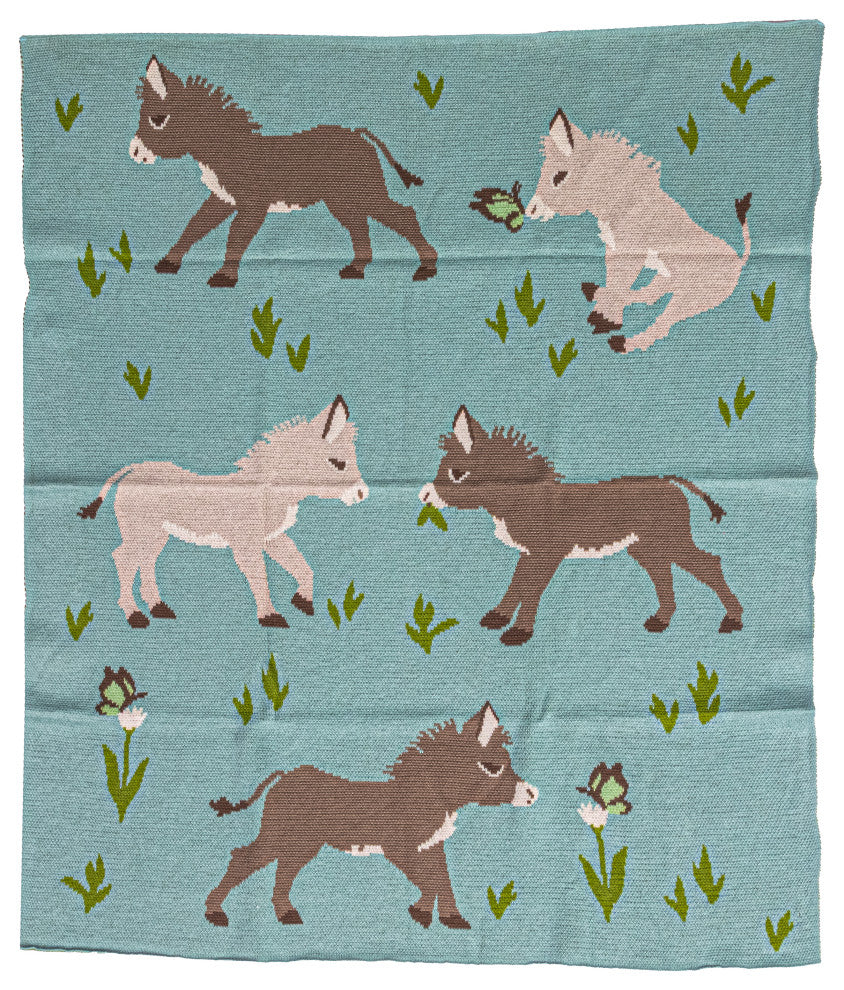 Cotton Knit Baby Blanket With Donkey Prints, Multicolor