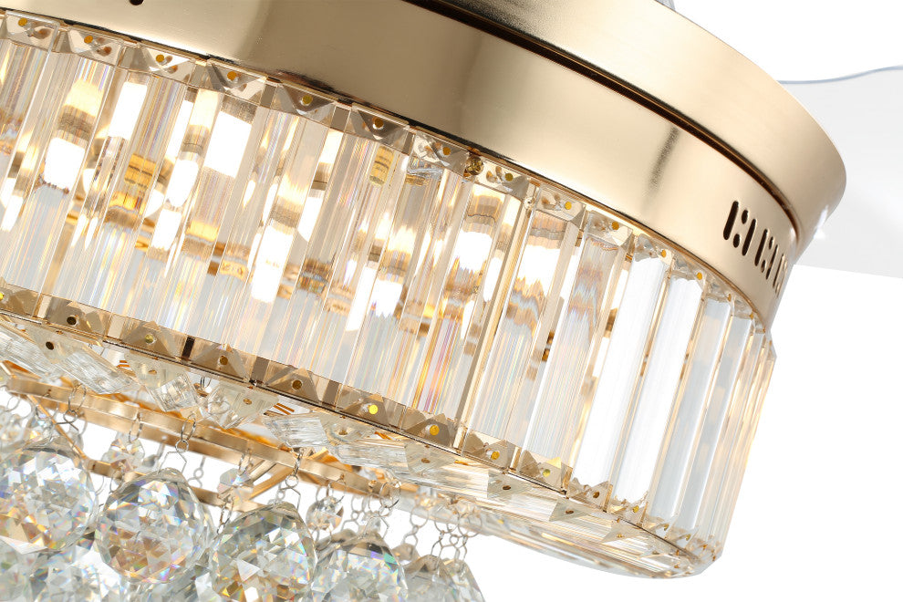 Unique Caged Ceiling Fan with Remote, LED light, Retractable Blades, French Gold