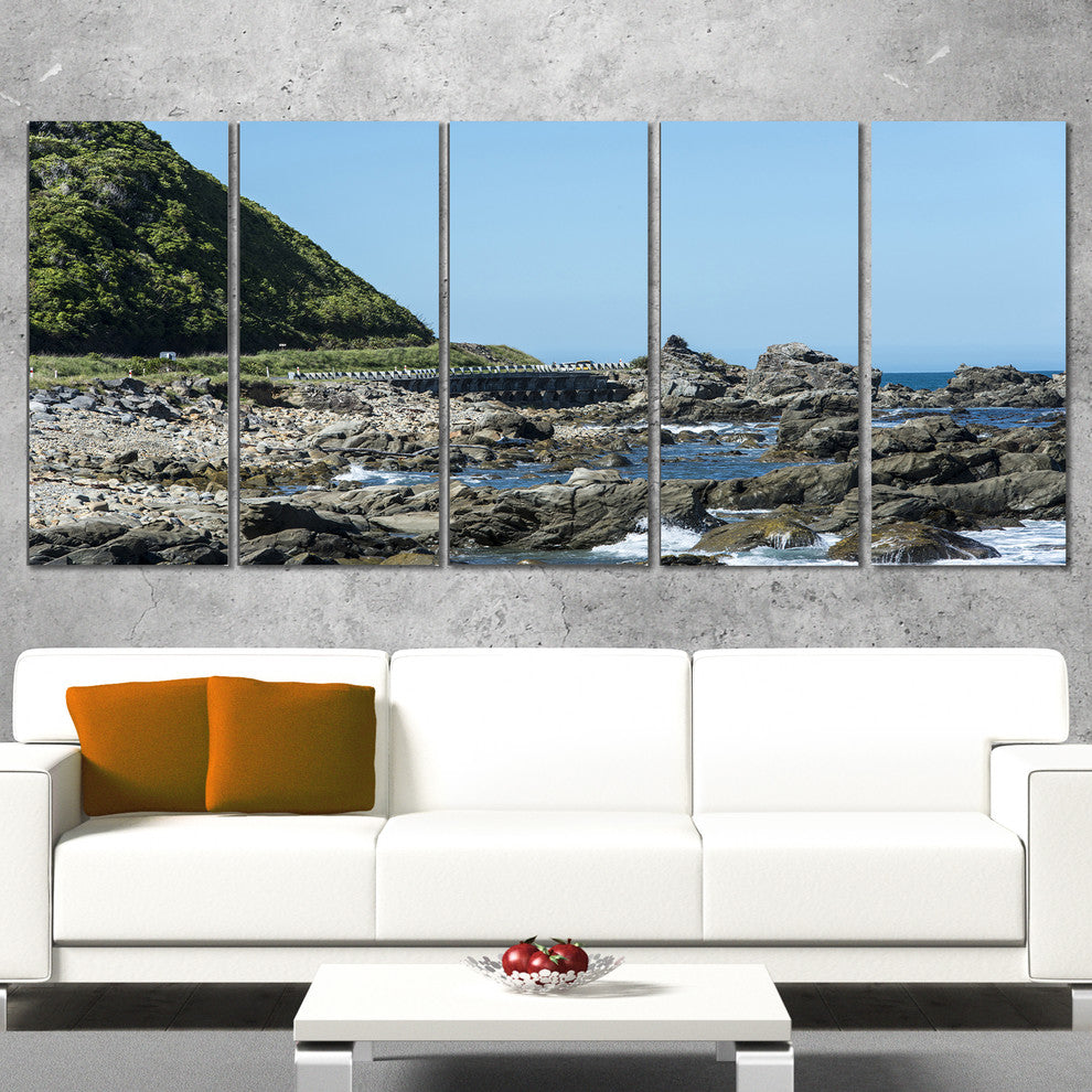 "Beautiful New Zealand Rocky Beach" Modern Seascape Wall Art, 5 Panels, 60"x28"