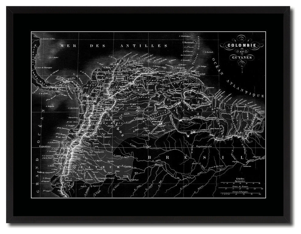 Columbia Venezuela Guianna Monochrome Map Print On Canvas With Frame, 28" X 37"